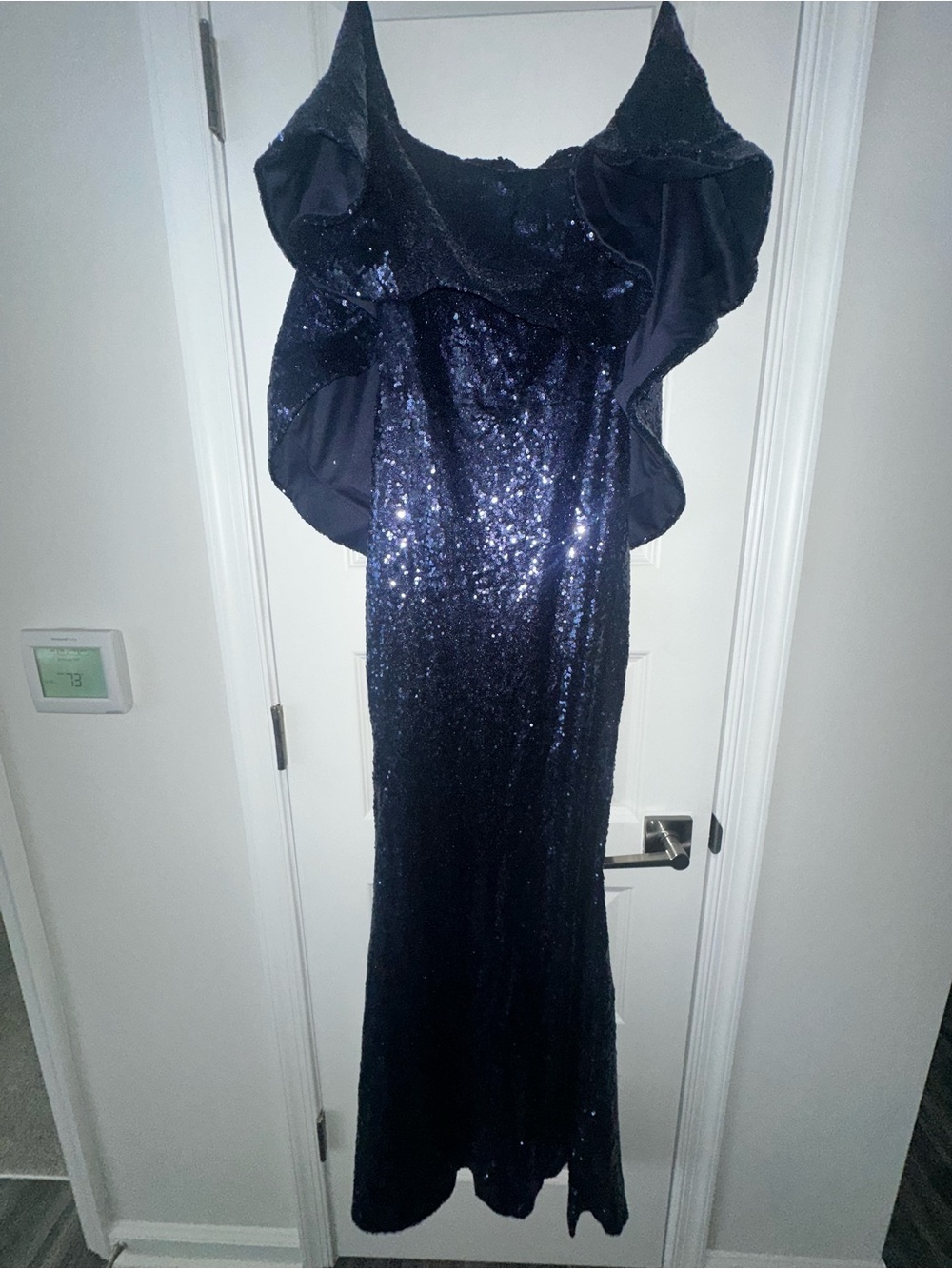 Navy Sequin Ruffled Evening Gown
